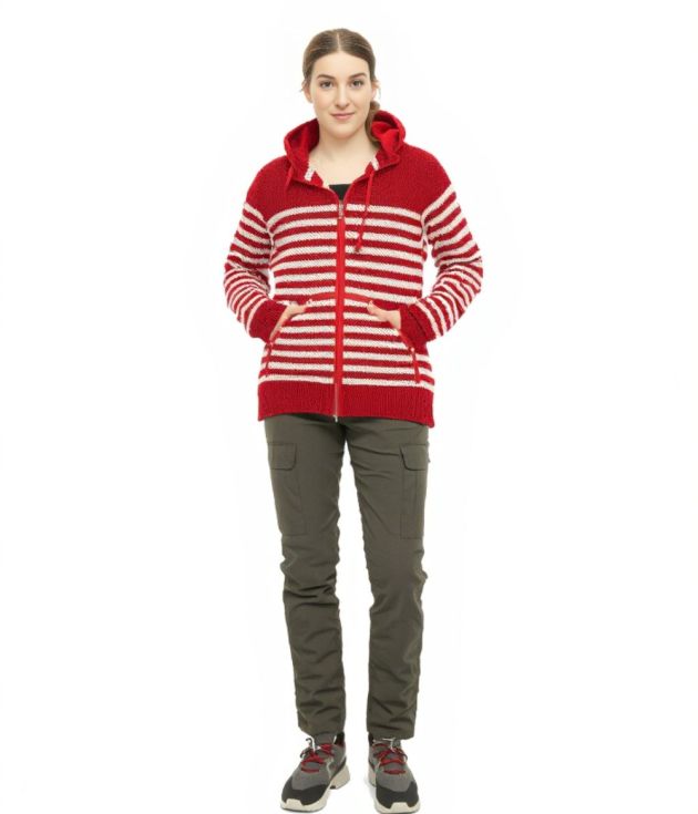 Broad women’s zip-up wool hoodie in red with natural stripes by Manaslu Clothing, handcrafted in Nepal