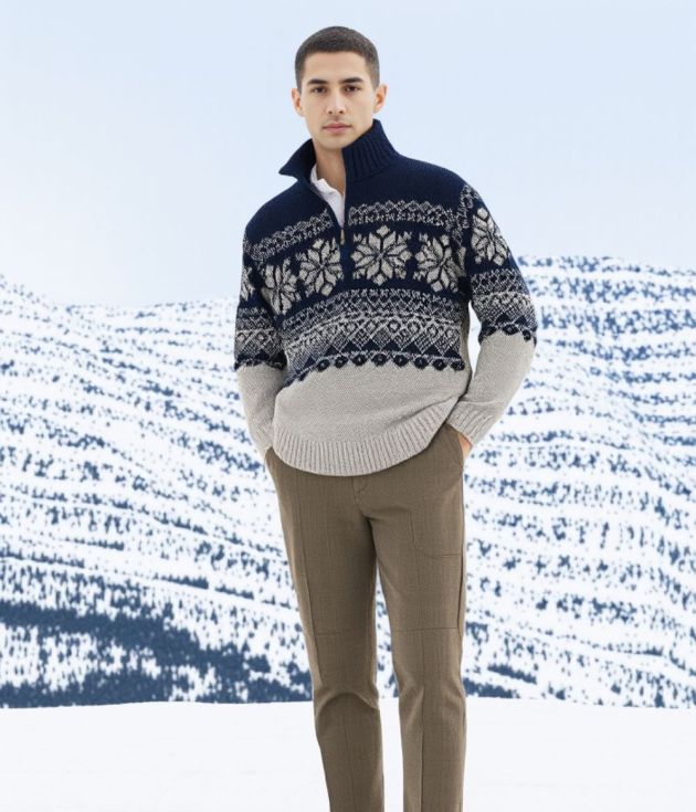 Man wearing Manaslu men’s half-zip wool sweater by Manaslu Clothing, handcrafted in Nepal with Himalayan patterns