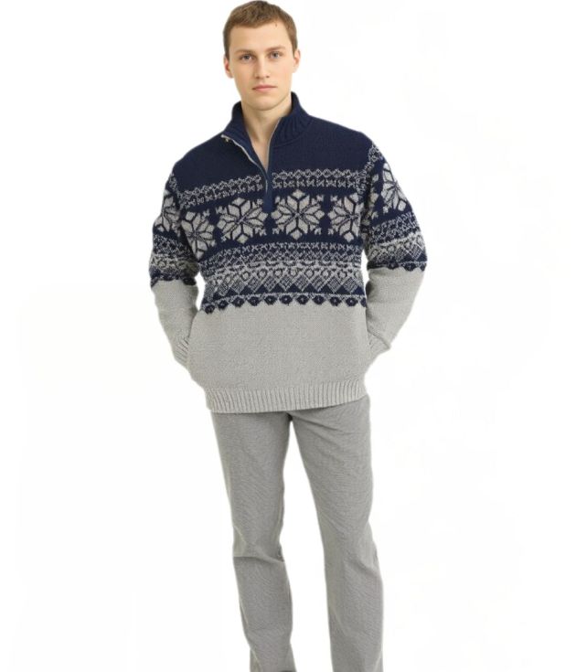 Model wearing Manaslu men’s half-zip wool sweater by Manaslu Clothing, handcrafted in Nepal with Himalayan patterns