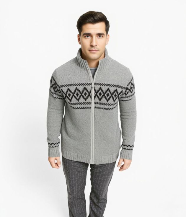 Model wearing Grey Lhotse men’s hooded wool jacket with black geometric pattern by Manaslu Clothing