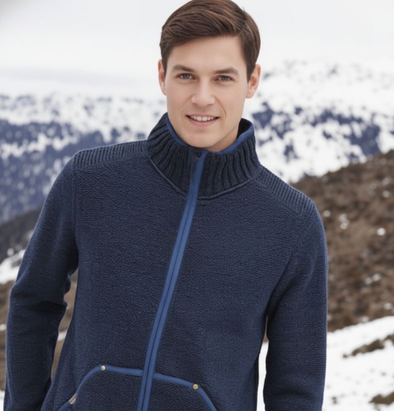 Model wearing Akash men’s half-zip wool sweater by Manaslu Clothing, handcrafted in Nepal for natural warmth