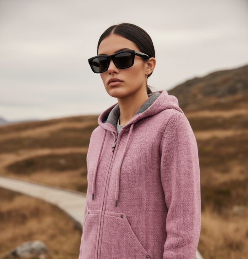 Broad women’s zip-up wool hoodie in dusty pink by Manaslu Clothing, handcrafted in Nepal